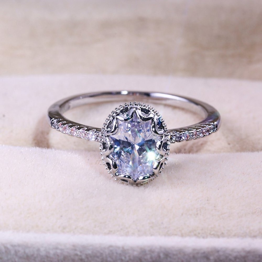 "Wedding/Engagement Oval Flower Dainty Gemstone Silver Ring for Women, VIP431